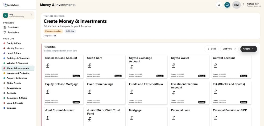 Money & Investments — bank accounts, ISAs, pensions, mortgages and credit cards, in one place
