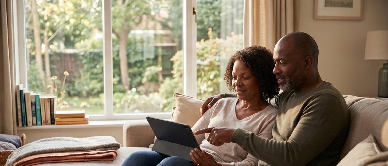 A broker reviewing cover with a couple at home