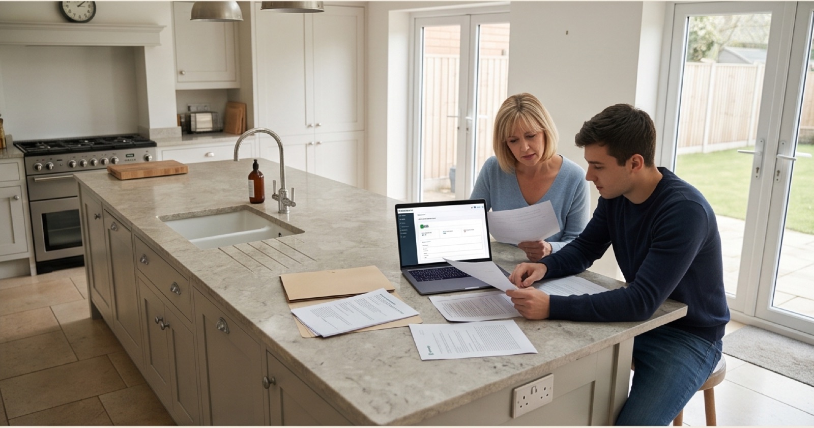 Organised financial documents beside a laptop
