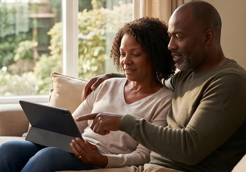A couple reviewing their household record on a tablet at home