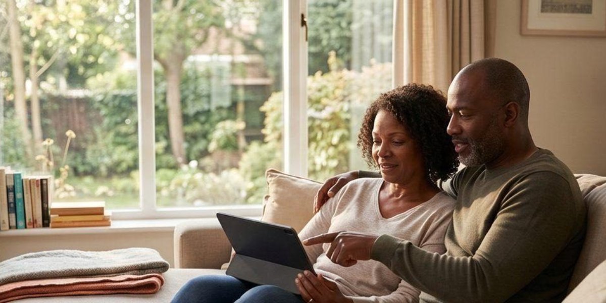 A couple sitting together at home, looking at a tablet on the table between them