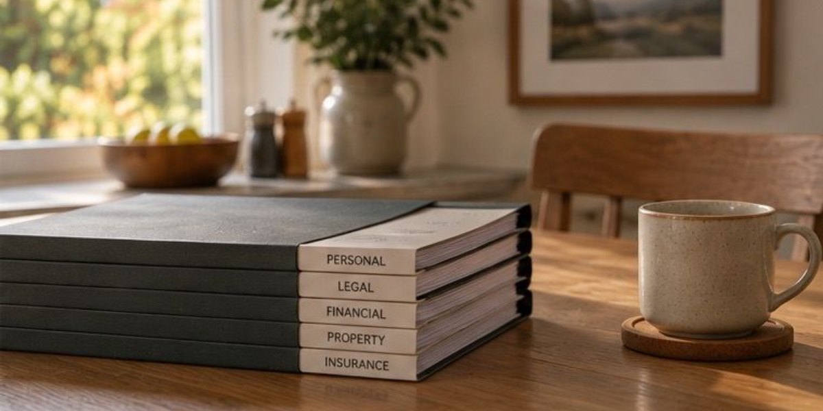 Household paperwork and folders stacked on a table