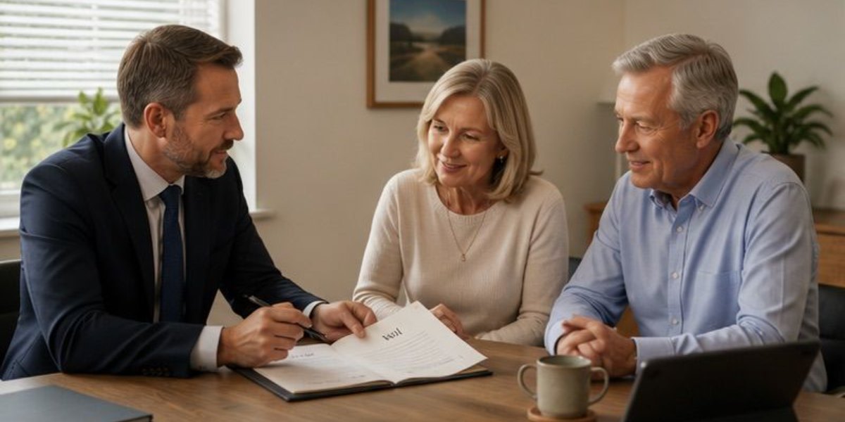 An adviser and an older couple at a table, looking together at paperwork
