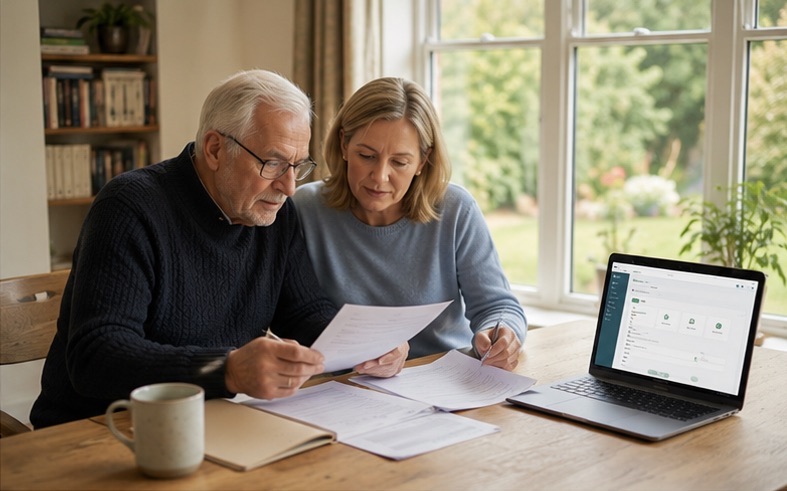 An older couple at a kitchen table reading through paperwork together, with a laptop open beside them